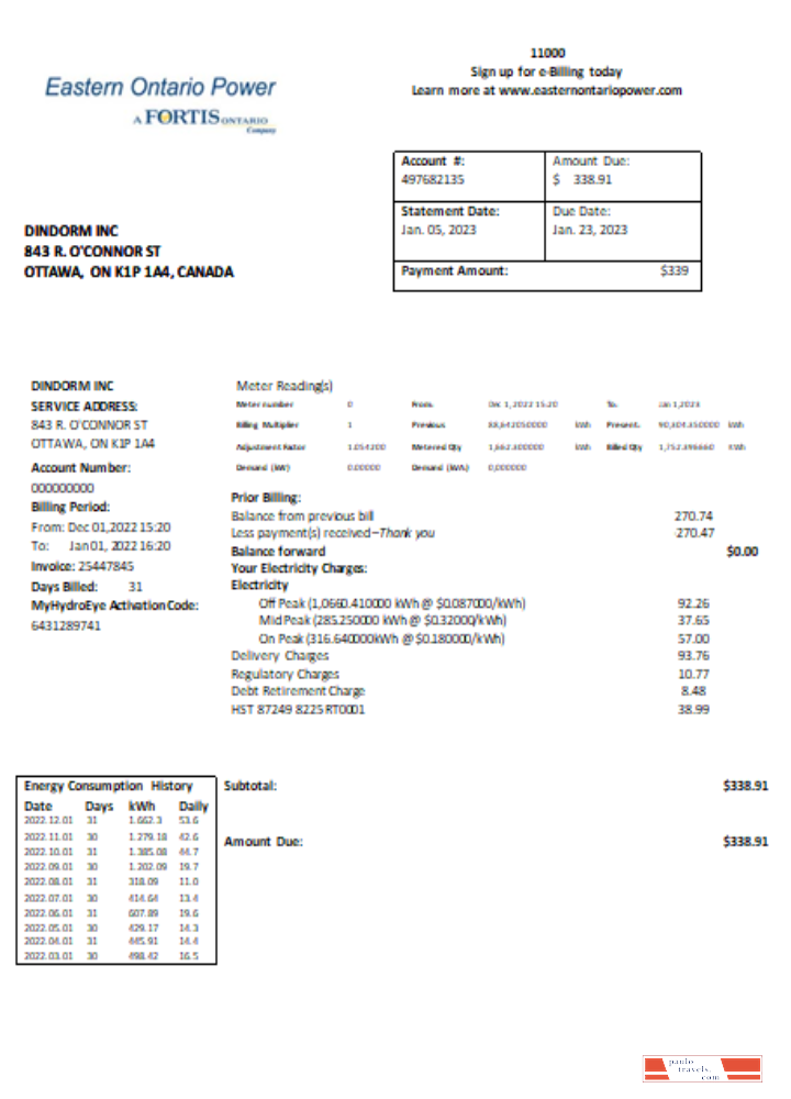 Eastern Ontario Power utility business bill, SCR PSD template